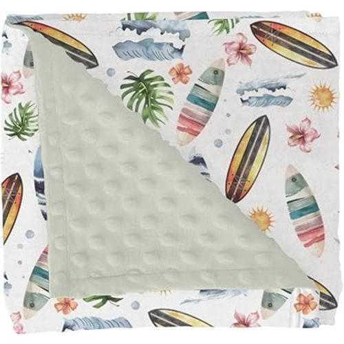Neutral Beach Surfing Baby Blankets for Girl Surfboard Tropical Leaves Flowers Sun Waves Soft Mink Dotted Backing Double Layer Swaddle Blanket Boho Summer Bed Throws for Newborn Toddler Crib 30x40