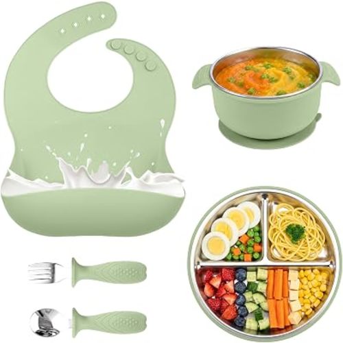 5-in-1 Stainless Steel Baby Feeding Set with Suction Plate & Spoon