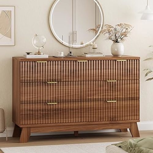 Fluted Dresser for Bedroom with 7 Drawers, 48" Wide Modern Chest of Drawers with Metal Handle, Wood Dresser TV Stand, Wooden Closet Clothes Storage Organizer for Living Room, Hallway, Walnut