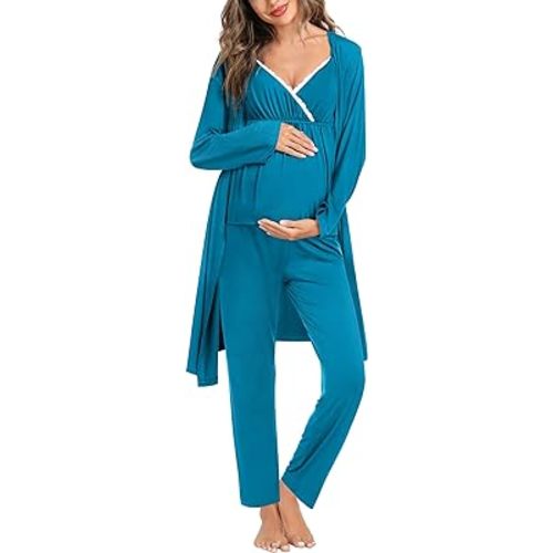 SWOMOG Maternity Nursing Robe Set 3 Piece Breastfeeding Pajamas 3 in 1 Labor Delivery Sleevless Tops&Long Pants Pregnancy Pjs