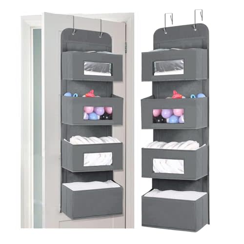MAX Houser 4-Shelf Over The Door Hanging Organizer with 2 Metal Hooks,4 Pocket Over The Door Wall Mount Storage with Clear Windows for Baby Nursery Bathroom Closet,Bedroom,Dorm,Diapers,Kids Toys(Gray)