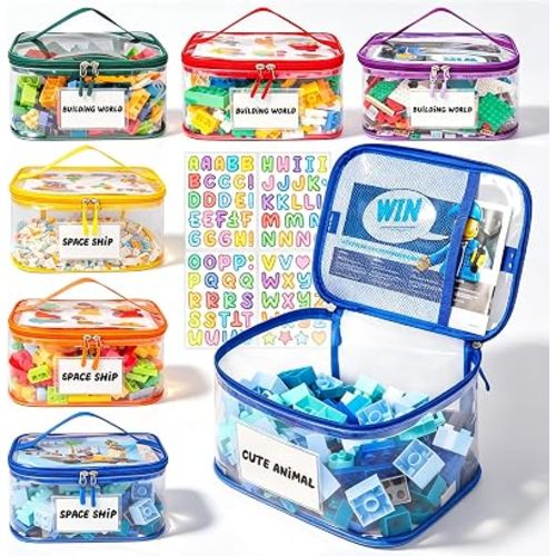 Tesuko 6 Pack Clear Toy Storage Bag with Name Tag& Manual Pocket, Waterproof Transparent PVC Toy Organizer Case for Lego Bricks, Board Games, Building Blocks, Puzzles (Large Capacity, Colorful)