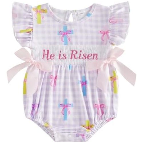 Honganda Summer Newborn Baby Girl Easter Outfit He is Risen Smocked Romper Cross Print Plaid Onesie with Bow Decoration