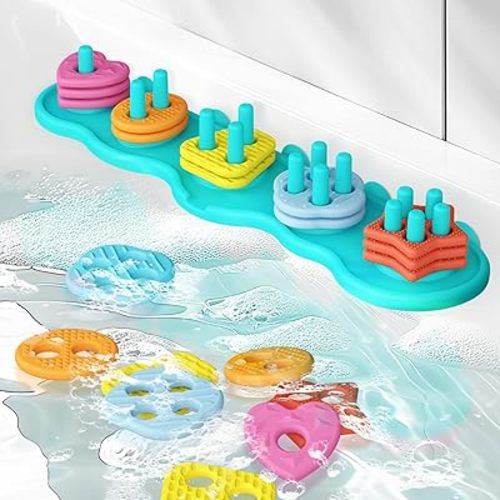 Baby Bath Toys Mold-Free Silicone Bath Toys, Sensory Shape Sorting & Stacking Set Includes 20 Floating Pieces, Early Learning Bathtub Toys for Toddlers​