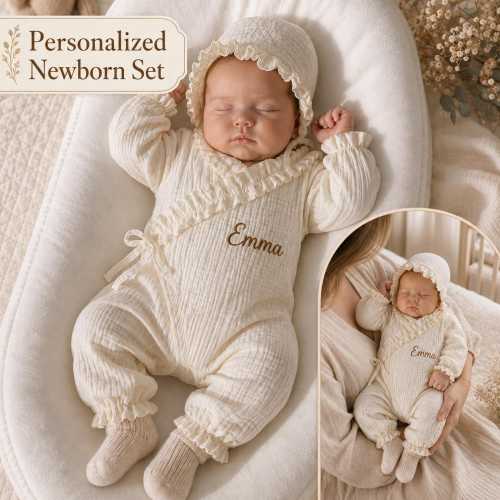 Personalized Baby Girl Coming Home Outfit, Custom Name Newborn, Embroidered Muslin Bonnet