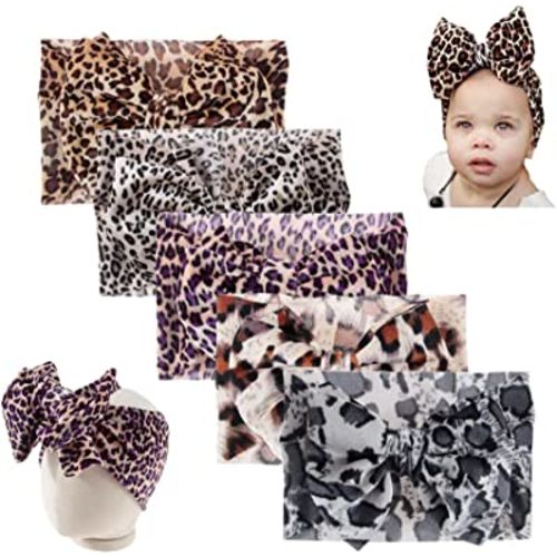 Nishine 5PCS Baby Girls Soft Wide Leopard Hair Turban Head Wraps Kids Stretchy Knotted Bows Headband for Children Hair Accessories Infant Headwraps