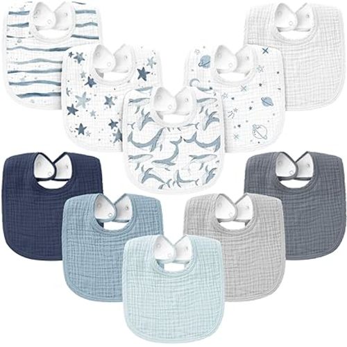Konssy 10-Pack Muslin Baby Bibs, Soft Cotton Bandana Bibs for Drooling & Teething, Unisex Solid Colors for Boys & Girls, Newborn & Infant