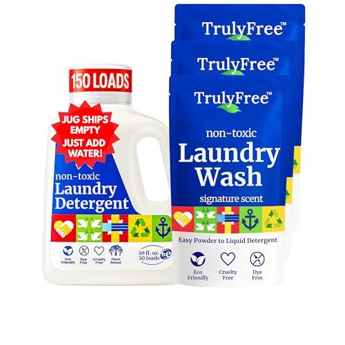 Truly Free Natural Laundry Detergent for Sensitive Skin | Eco Friendly, Plant Based, Baby Clothes Safe | Clean & Easy Powder to Liquid, 3 Pack Detergent + 1 Refillable Jug | Signature Scent 150 Loads