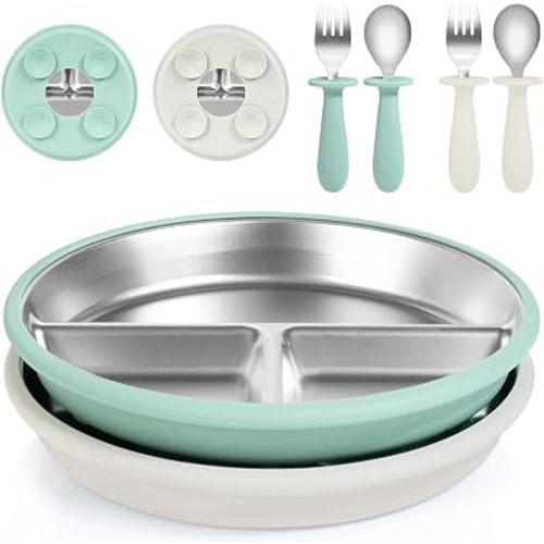 Bella's Friends Life Baby Feeding Set, 2 Pack Stainless Steel Divided Plate with Silicone Suction, 2 Set Spoons and Forks, BPA Free, Dishwasher Safe, Baby Led Weaning Supplies, Toddler Utensils