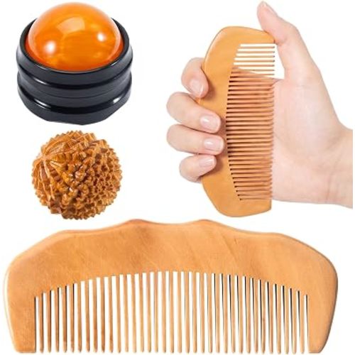 SIMPOR 3-in-1 Labor Comb and Massage Ball Set, Wooden Birth Comb with Acupressure Spiky Ball and Roller, Natural Wood Labor and Delivery Essentials for Pain Management, Pregnancy and New Mom Gifts