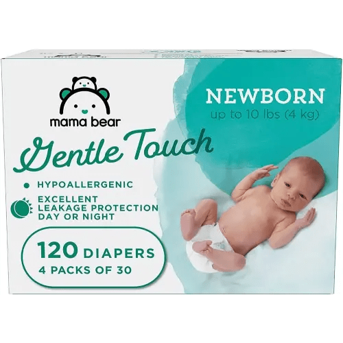 Amazon Brand - Mama Bear Gentle Touch Diapers, Hypoallergenic, Newborn, White, 120 Count (4 Pack of 30 )