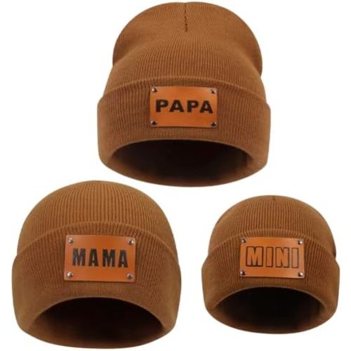 3 Pcs Parent-Child Beanie Hats Mama PAPA Mini Leather Patch Winter Knit Cap Warm Cuffed Cap Matching Family Beanie Hat