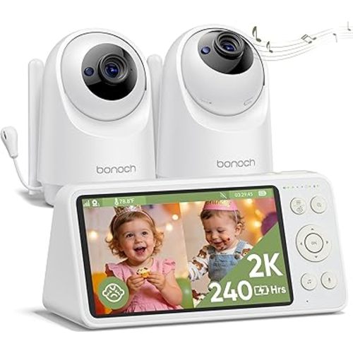 bonoch 2K 5.5" Split Screen Baby Monitor with 2 Cameras, 240hrs Battery Dual Video Monitor, White Noise, 1600ft Long-range, Hack-Proof No WiFi, Night Vision, Smart Detect for Cry/Sleep Turnover/Motion