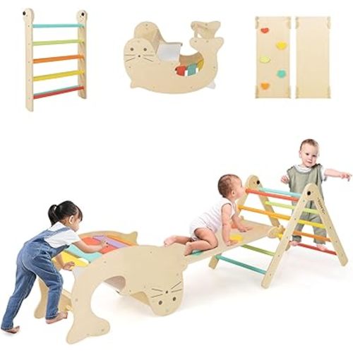 Olakids Pikler Triangle Set 7 in 1 Climbing Toys for Toddlers 1-3 Inside Foldable Wood Montessori Jungle Gym with Ramp Slide Arch Rocker Angle Adjustable Ladder Indoor Kids Playground Baby Climber
