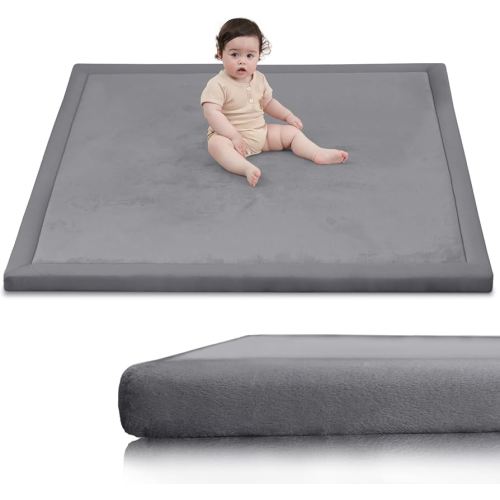 Ultra Soft Baby Play Mat for Floor,1.3" Thick Elasti-Foam 50x50 Playpen Mat for Toddlers Infant kids,Water-Repellent Coral Velvet for Tummy Time,Non-Slip Backing Safe for Crawling,Tatami Style (Dark Grey)