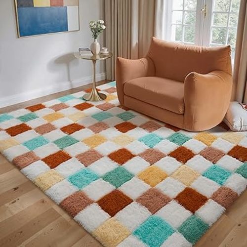 Checkered Rug 5x7 for Living Room, Colorful Modern Shag Rug Super Soft Washable Indoor Fuzzy Carpet Non-Slip Fluffy Rugs for Bedroom Home Aesthetic Decor