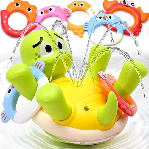 Sizobi Baby Bath Toys, Rechargeable Turtle Bath Toy Sprinkler for Toddler with 5 Rings, Bathtub Fountain Spray Toy,Pool Water Bath Toys for Kids Ages 1-3 Boys Easter Basket Stuffers Birthday Gifts