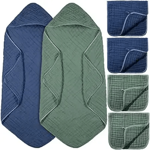 VitalCozy 6 Pcs Baby Muslin Hooded Bath Towels and Washcloths Muslin Cotton Hooded Baby Towels Absorbent Blankets for Gift Newborn Infant Shower (32 x 32 Inch,Green,Blue)