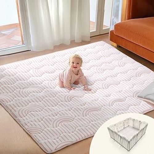 Soft Thicker Baby Mat for Floor 71"x59", Extra Large Baby Play Mat, Non-Slip Playpen Mat, Easy to Clean & Portable Playmat, Crawling Mat for Babies Toddlers, Activity Mat, Rainbow, Pink