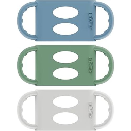 Dr. Brown's Wide-Neck Baby Bottle Handles, 100% Silicone, Easy Grip Removable Handles for Bottle to Sippy Cup Transition, Blue/Gray/Green, 3-Pack, 4m+