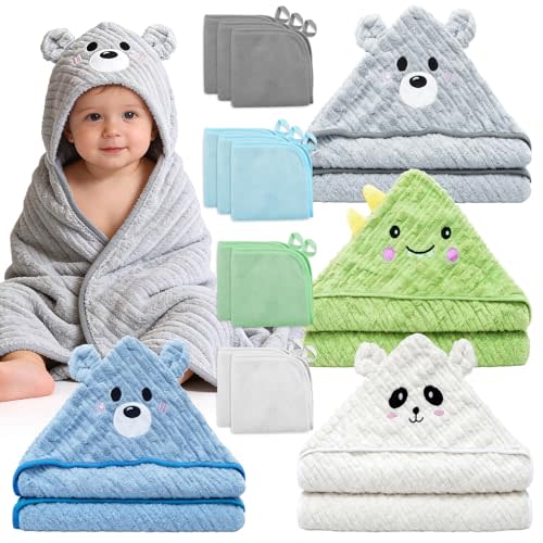 14 PCS Baby Bath Towels Set, 4 PCS Animal Hooded Baby Towels & 10 PCS Washcloths, Ultra Soft & Absorbent Newborn Bath Towels for Infants Toddlers