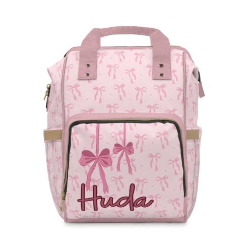 Mochila pañalera personalizada con lazo rosa: mochila de viaje personalizada