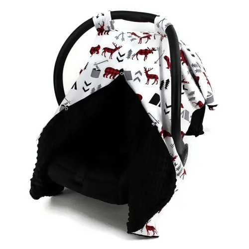 Dear Baby Gear Car Seat Canopy, Woodland Adventure Bear Moose Plaid, Minky Black