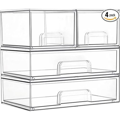 Vtopmart Stackable Storage Drawers Set of 4, Clear Plastic Organizer Bins for Bathroom Supplies,Ideal for Cabinet,Pantry,Laundry Room Organization