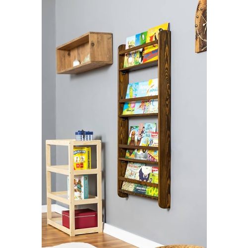 Real Wood Handmade Walnut Color Kids Wall Mounted Montessori Bookshelf for Nursery, Bedroom, Living Room (4 Tier, 48" Hx24 W)