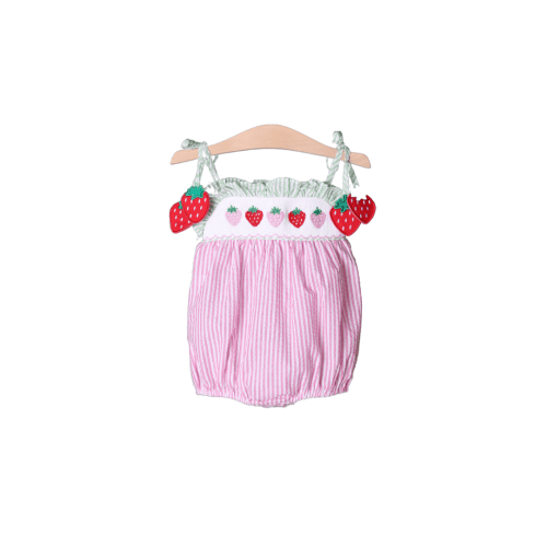 Smocked Strawberry Pink/Green Seersucker Bubble