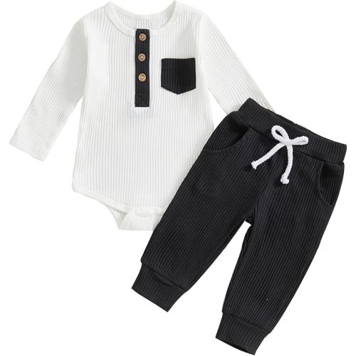 fhutpw Baby Boy Clothes 3 6 12 18 Months Ribbed Knitted Long Sleeve Romper and Pants Sets Newborn Fall Splicing Color Outfits