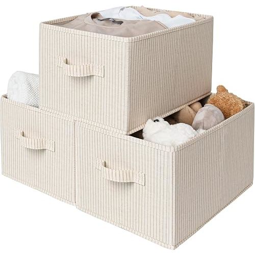 StorageWorks Shelf Organizer Bins, Beige Stripes, 3-Pack, Large