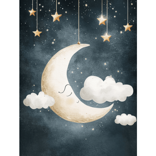 Sleeping Moon and Stars Canvas Print Wall Art， Suitable for Bedroom，Living Room，Nursery，Kids Room， and Office Decor