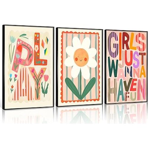 Boho Floral Sun Nursery Wall Art Girls Just Wanna Have Fun Positivity Affirmation Rainbow Print Playroom Classroom Counseling Office wall decor Play Poster for Kids Bedroom, 12x16 Inch, Set of 3