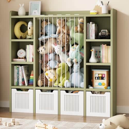 Toy Storage Organizer with Stuffed Animal Storage, Green | Lefurture Kids Bookshelf with 6 Open Cubbies & 4 Movable Toy Chest, Toy Shelf for Kids Room Playroom Bedroom