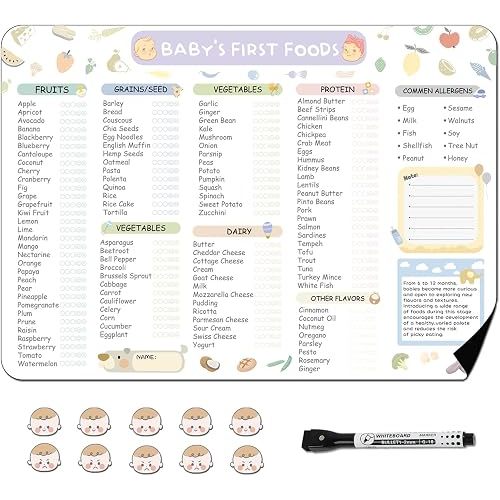 Baby Food Tracker Magnet Board- 101 Foods Before 1 Checklist Magnet, Baby Food Chart for Fridge, Baby First Foods Tracker with 1 Magnetic Markers, 10 Fridge Magnets and Baby Food List(13.8"x 9.8")