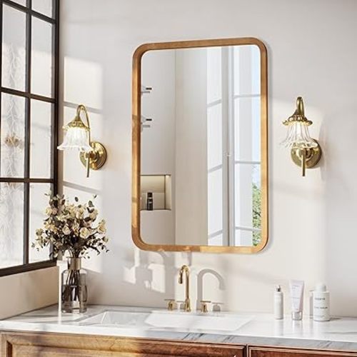 36"x24" Wood Bathroom Mirror - Handcrafted Modern Farmhouse Bathroom Mirror with Tempered Glass&Natural Wood Frame, Decorative Vanity Mirror for Bedroom, Living Room, Spa & Home (Anti-Fog Design)