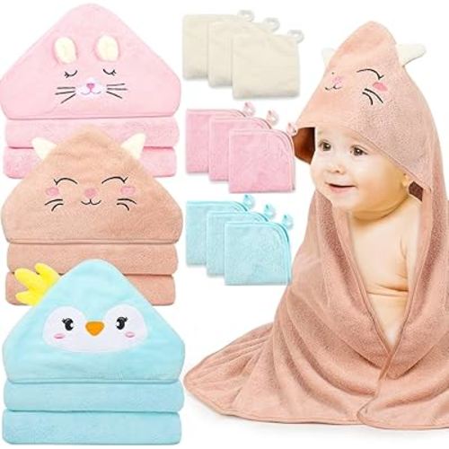 12Pcs Bath Towels for Girls, 31x31 Inch Baby Hooded Towels, Washcloth Set with Cute Design, Shower Towel Gift for Newborns, Infants and Toddlers