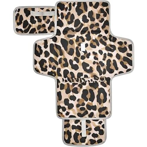 Diaper Changing Pad Leopard Print Portable Diaper Mat with Built-in Pillow Travel Changing Station for Baby with Smart Wipes Pocket