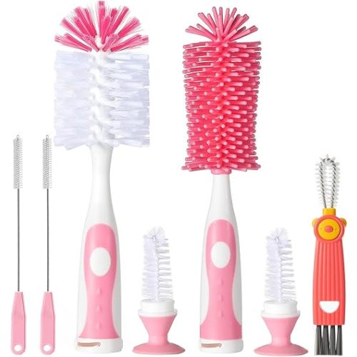 5 in 1 Bottle Cleaner Brush Set with Nylon and Silicone Bottle Brush, Straw Brush, Bottle Brush with Nipple Cleaner and Suction Cup, Cup Lid Cleaner Brushes Kit, BPA-Free (Pink)