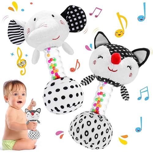 FPVERA Baby Soft Rattles Shaker: Infant Developmental Hand Grip Baby Toys, High Contrast Black and White Newborn Sensory Toys Rattle Toy 0 3 6 9 12 Months for Babies Boys Girls Shower Gift, 2PCS