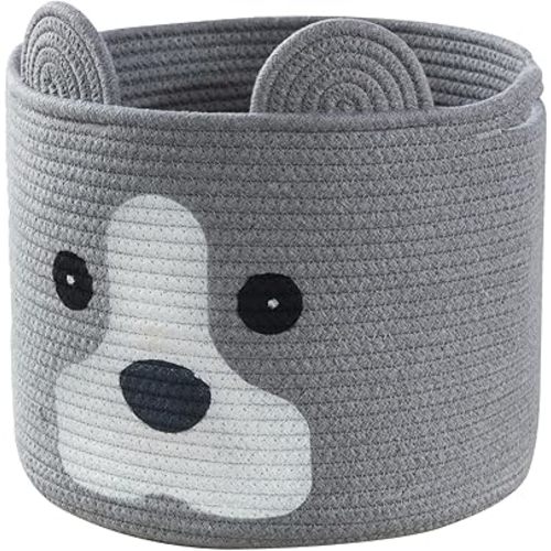 Medium Dog Woven Baskets with Handle, Dog Toy Hamper, Cotton Rope Dog Toy Storage Baskets for Pet, Animal Basket for Kids, Baby Gift Baskets for Dog Lovers, Grey