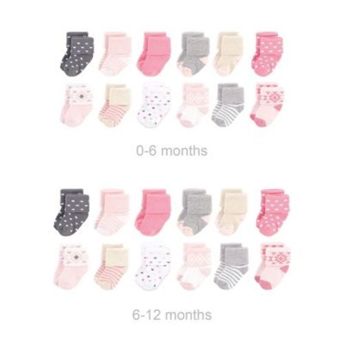 Hudson Baby Infant Girls Grow with Me Cotton Terry Socks, Pink Gray Aztec, 0-6 and 6-12 Months