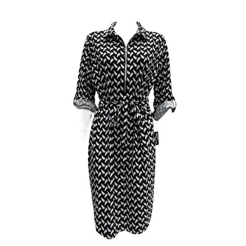 Mlle Gabrielle Plus Size Printed Knee Length Stretchy 3/4 roll tab Sleeve Collared Dress with Half Front Zipper and Front tie