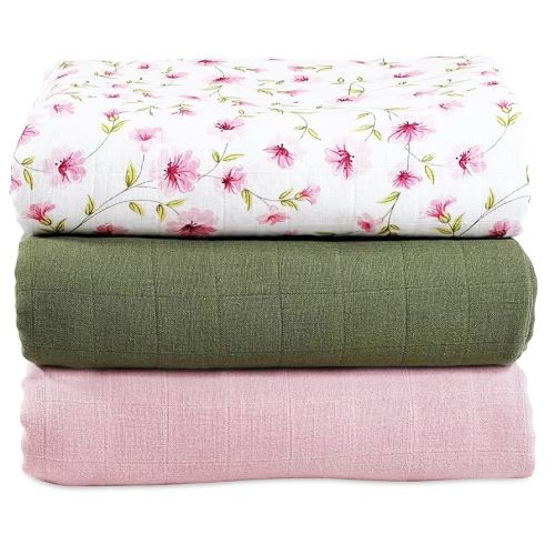 MOZAH Organic Muslin Swaddle Blankets - Pink, Olive and Pink Leaves - 3 Pack - for Baby Boy or Girl - Ideal for Newborns, Toddlers & Registry Essentials