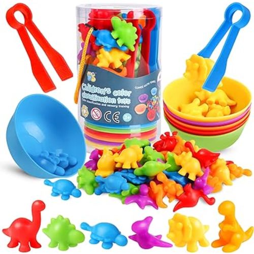 Skrtuan Counting Dinosaur Matching Toys with Sorting Bowls Montessori Preschool Educational Activities Learning Color Sorting Fine Motor Skills Sensory Toys Birthday Gift for 3 4 5 Year Old Boys Girls
