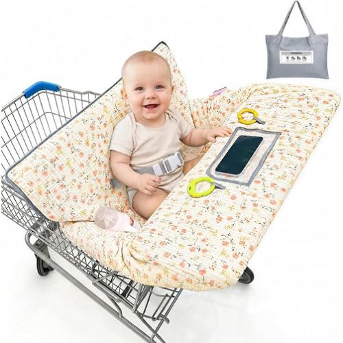 BeBeJoJo Muslin Shopping Cart Cover for Baby Soft & Breathable High Chair Covers for Restaurant Seat Grocery Cart Cover with Storage Pocket Machine Washable for Infant Toddler Boy Girl, Beige Floral