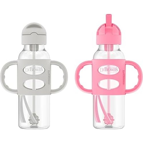 Dr. Brown's Milestones Narrow Sippy Straw Bottle, Spill-Proof with 100% Silicone Handles and Weighted Straw, 8 oz/250 mL, Gray/Pink, 6m+