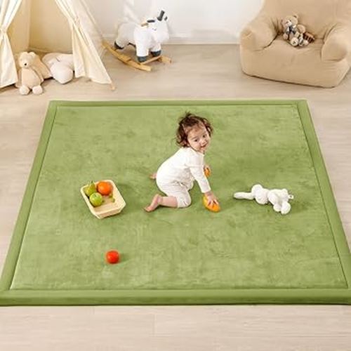 1.3" Thick Baby Play Mat for Floor, 39x59 Foam Tummy Time Mat, Padded Support Soft Plush Nursery Rug for Infant Kids Toddler Crawling Kick Activity (Olive Green)