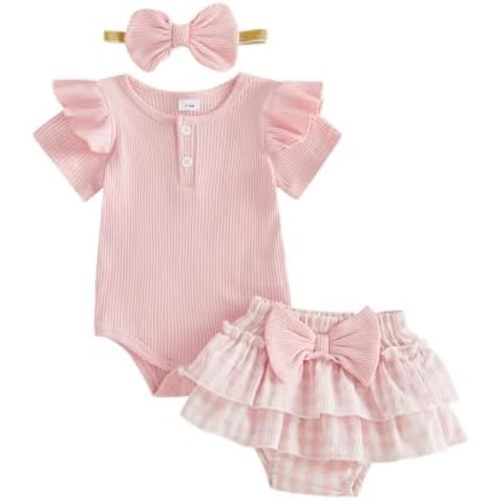 Newborn Girl Summer Oufit Ribbed Knit Short Sleeve Romper Plaid Ruffle Plaid Shorts Headband 3Pcs Cute Clothes Set